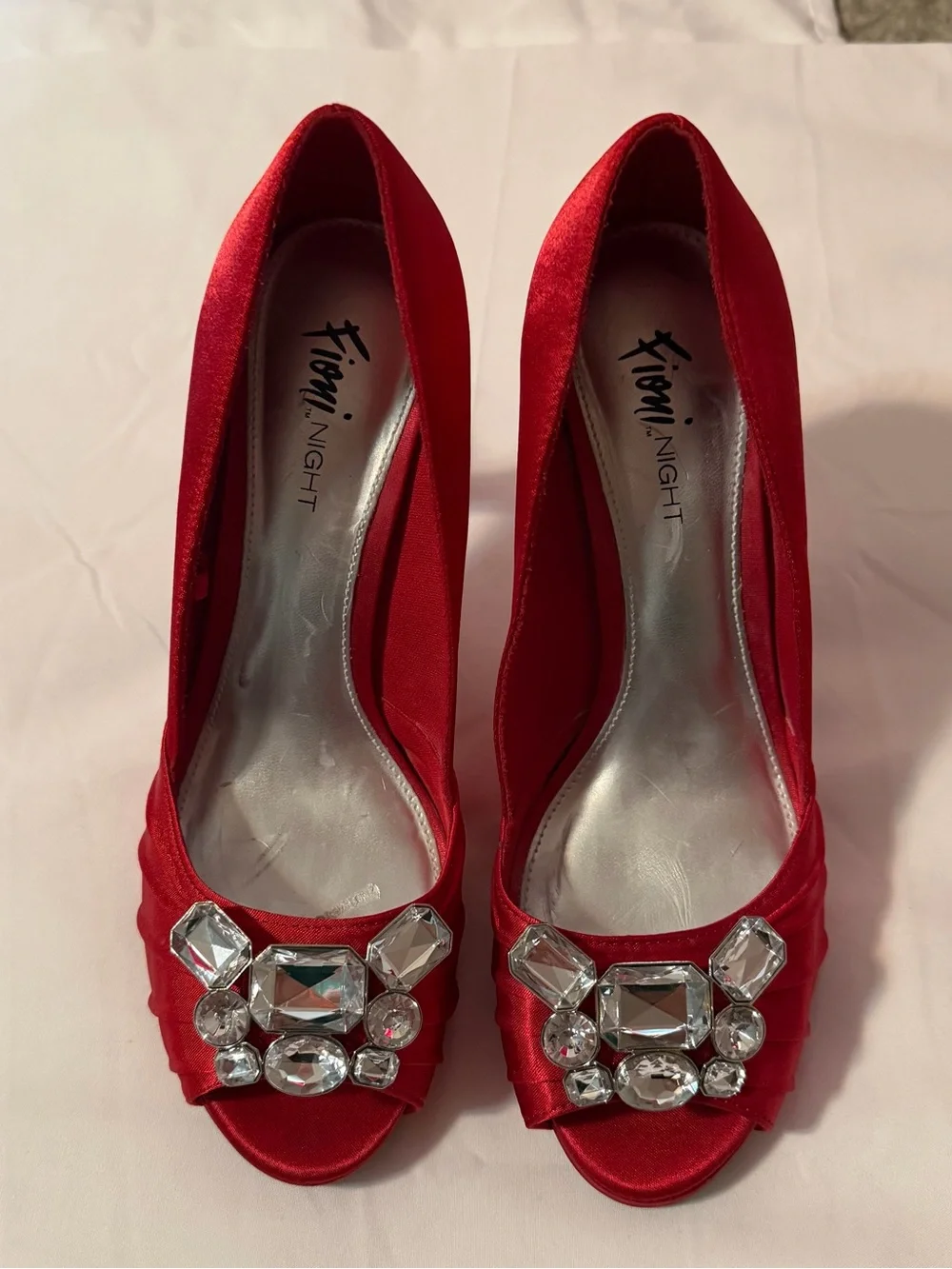 FIONI Clothing Red Satin Peep-Toe Heels with Jewel Embellishments